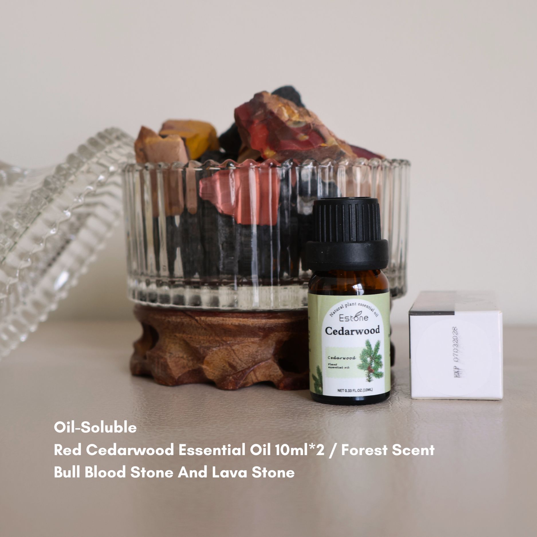 【Oil-Soluble】Cedar wood Essential Oil 10ML*2 & Bull Blood Stone and Lava Stone LED Cup Light