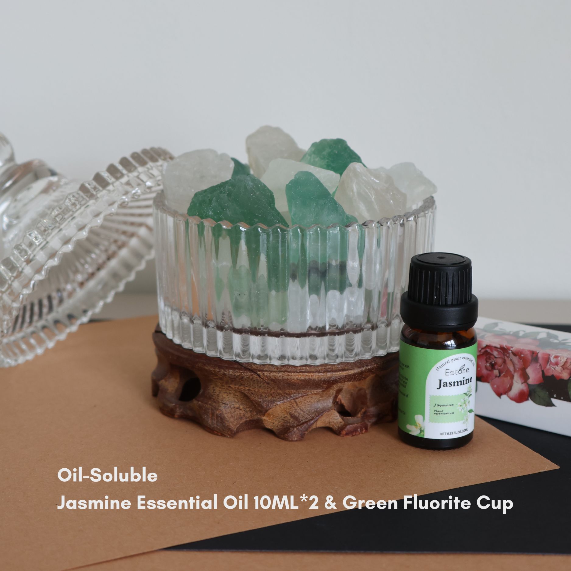 【Oil-Soluble】Jasmine Essential Oil 10ML*2 & Green Fluorite LED Cup Light