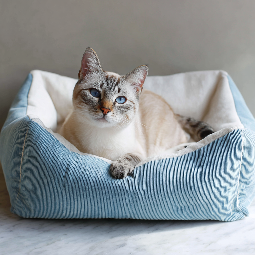 Blue Corduroy and Linen Canvas Cat Bed (50cm × 50cm)