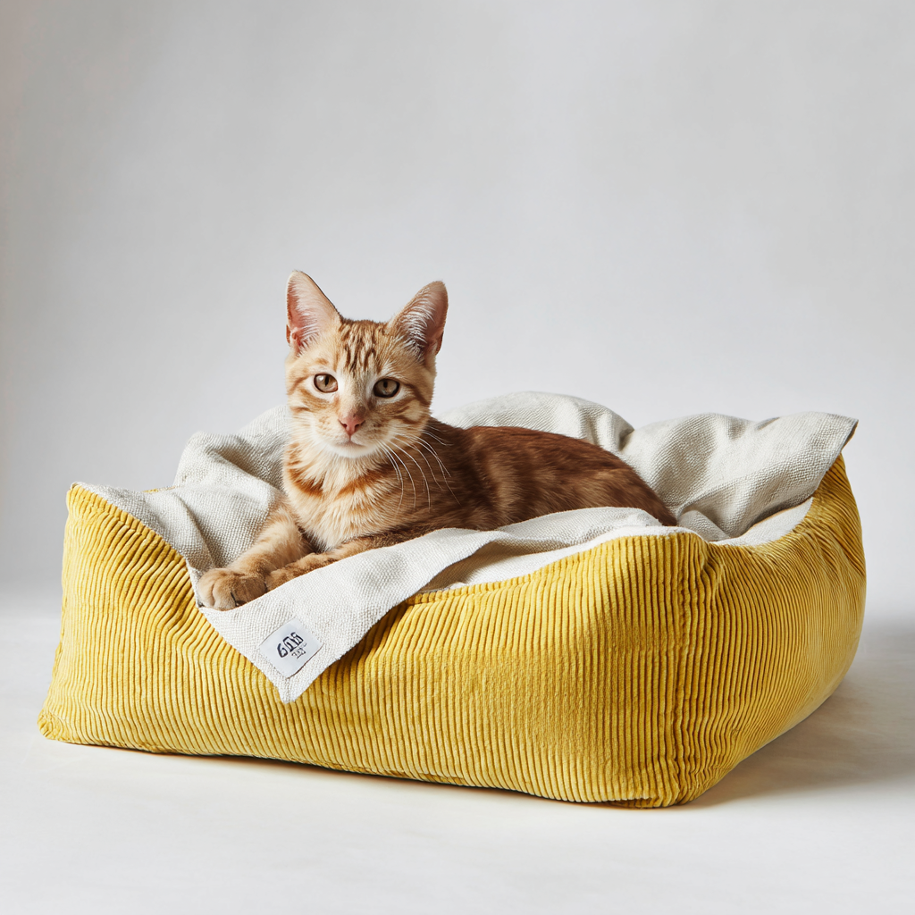 Yellow Corduroy and Linen Canvas Cat Bed (50cm × 50cm)